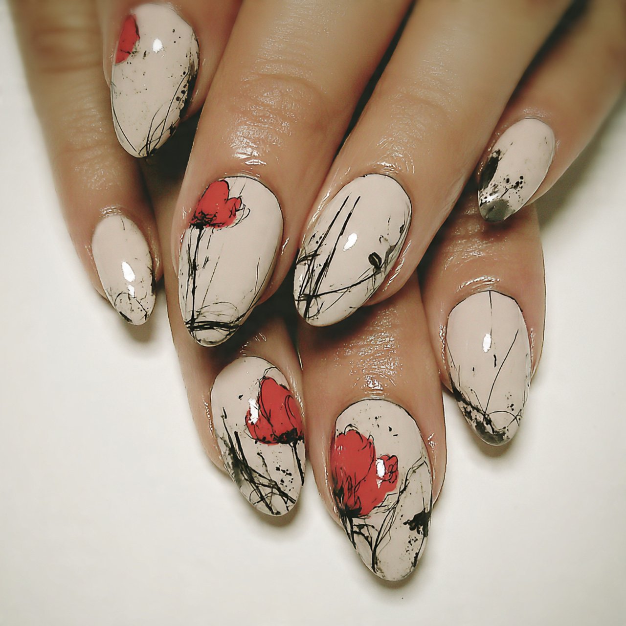 pink cat eye nails with floral accents nature look