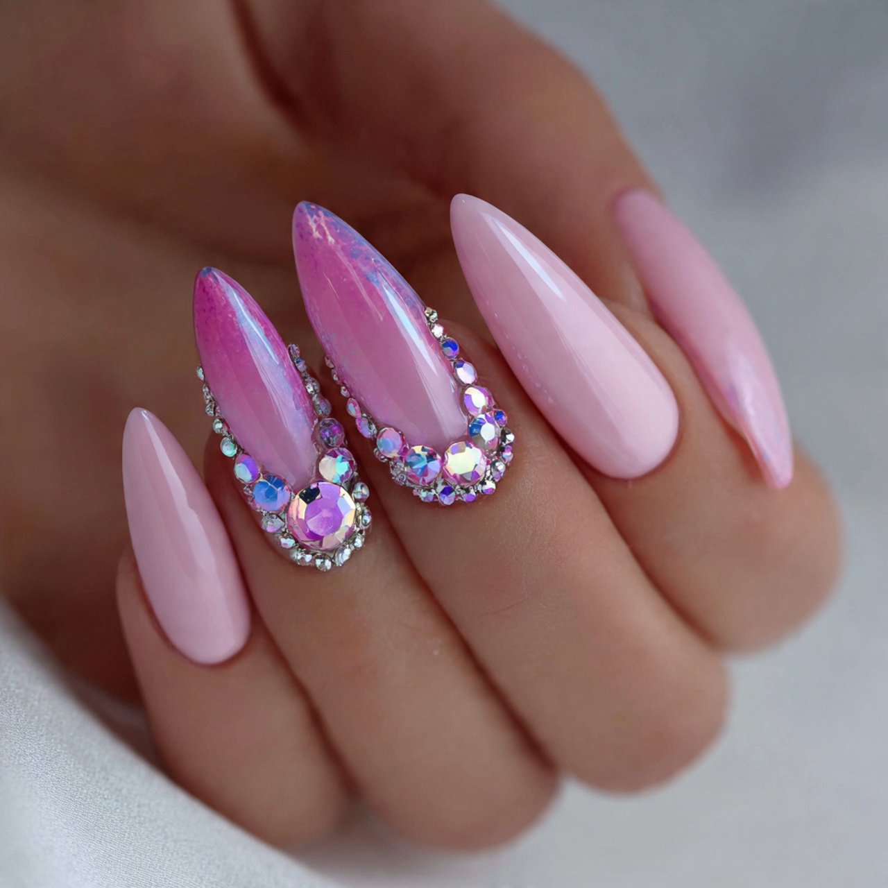 pink cat eye nails with rhinestones attractive nai