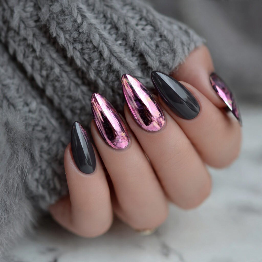 pink chrome accents on matte black attractive nail