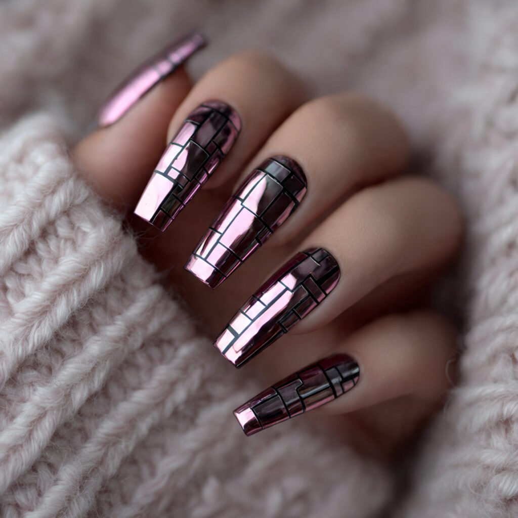 pink chrome and black geometric attractive nails