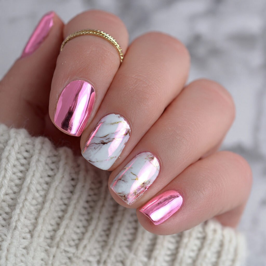 pink chrome and white marble accent attractive nai