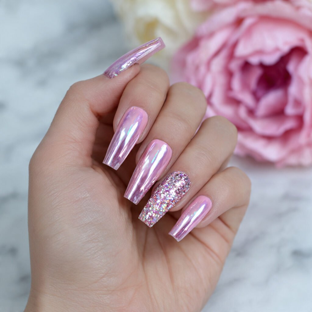 pink chrome coffin nails with glitter ombre attrac