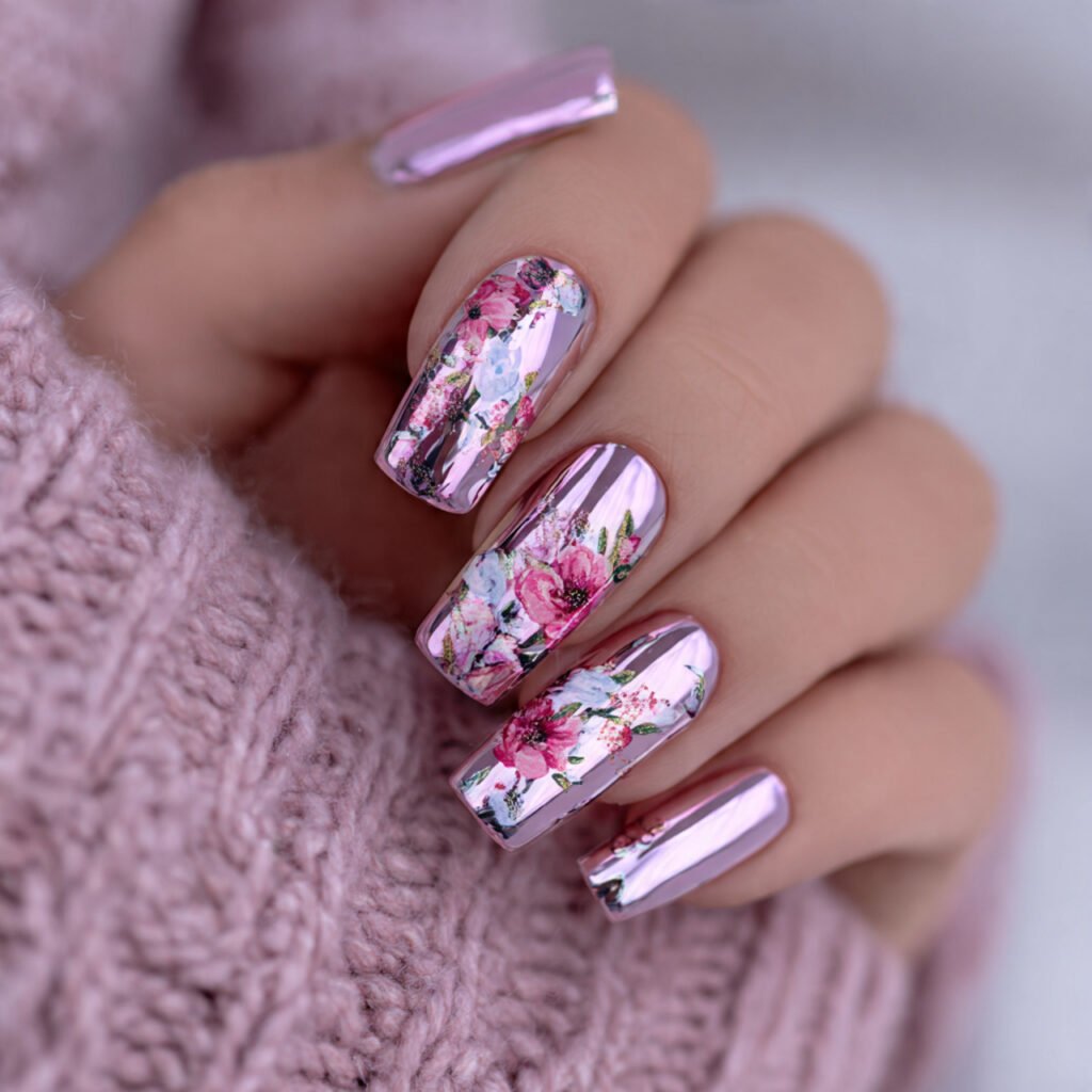 pink chrome with floral accents attractive nails