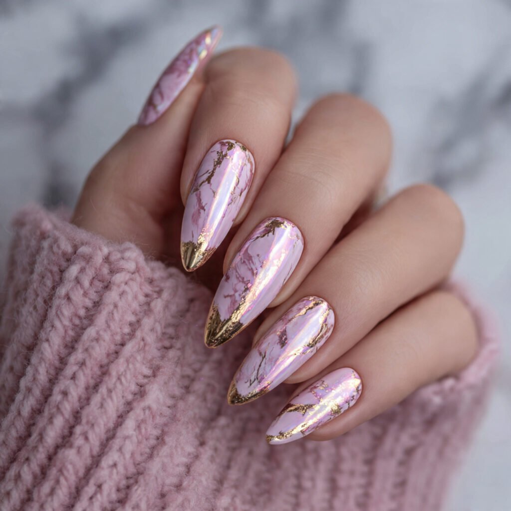 pink chrome with gold foil attractive nails