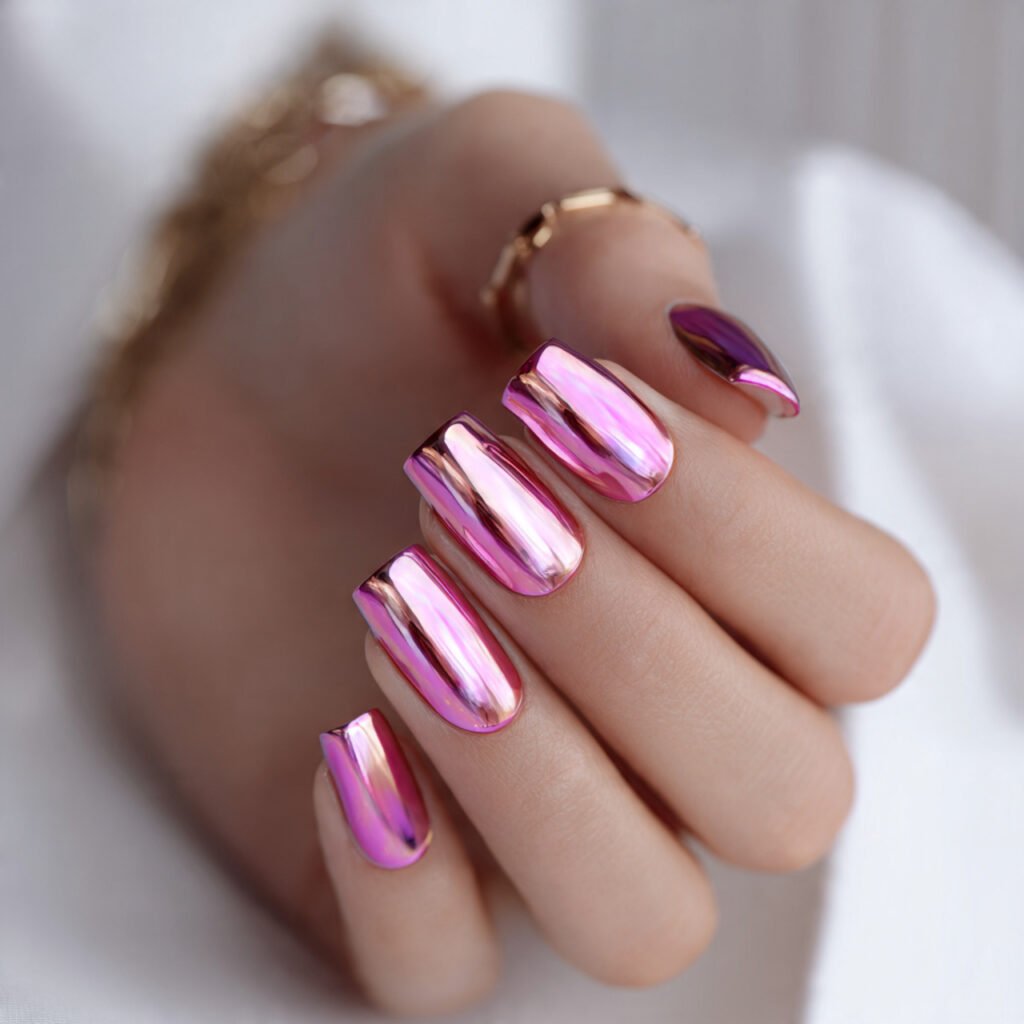 pink chrome with negative space attractive nails