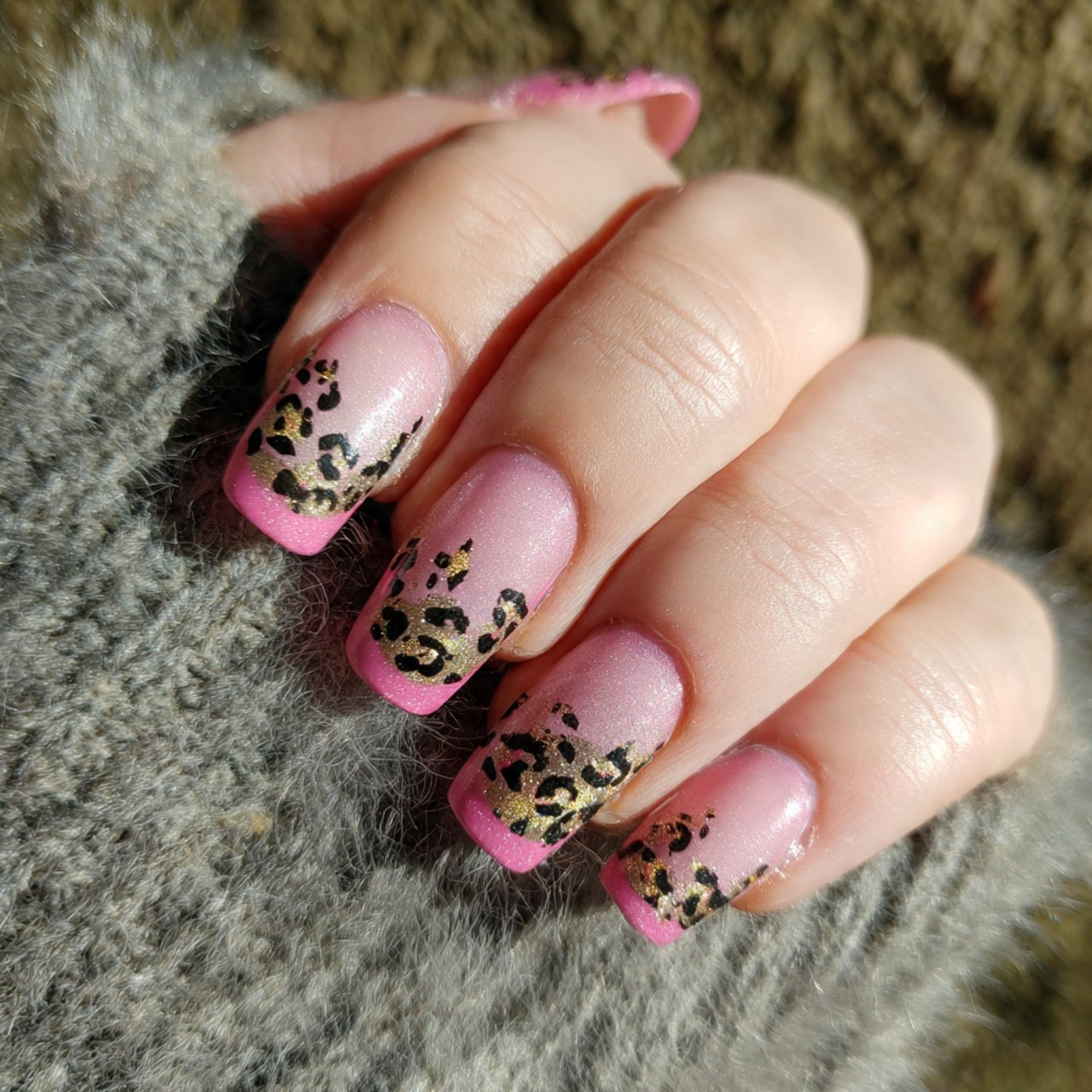 pink french tips with animal print nature look nai
