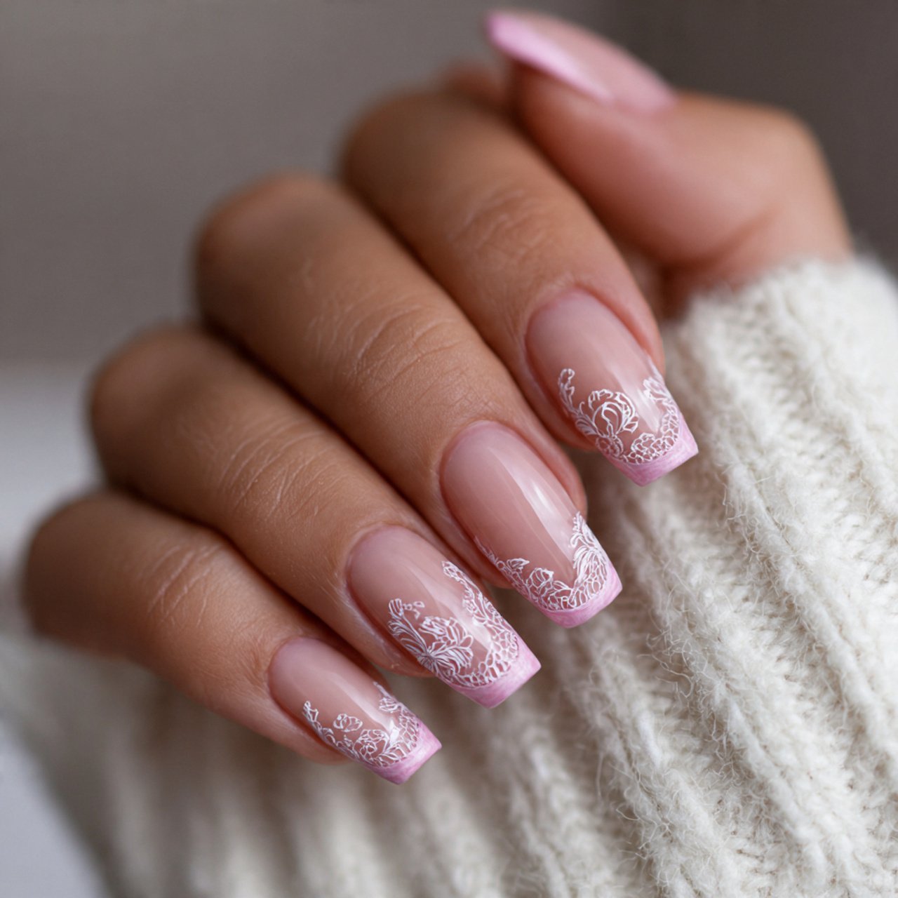 pink french tips with lace detailing nature look n