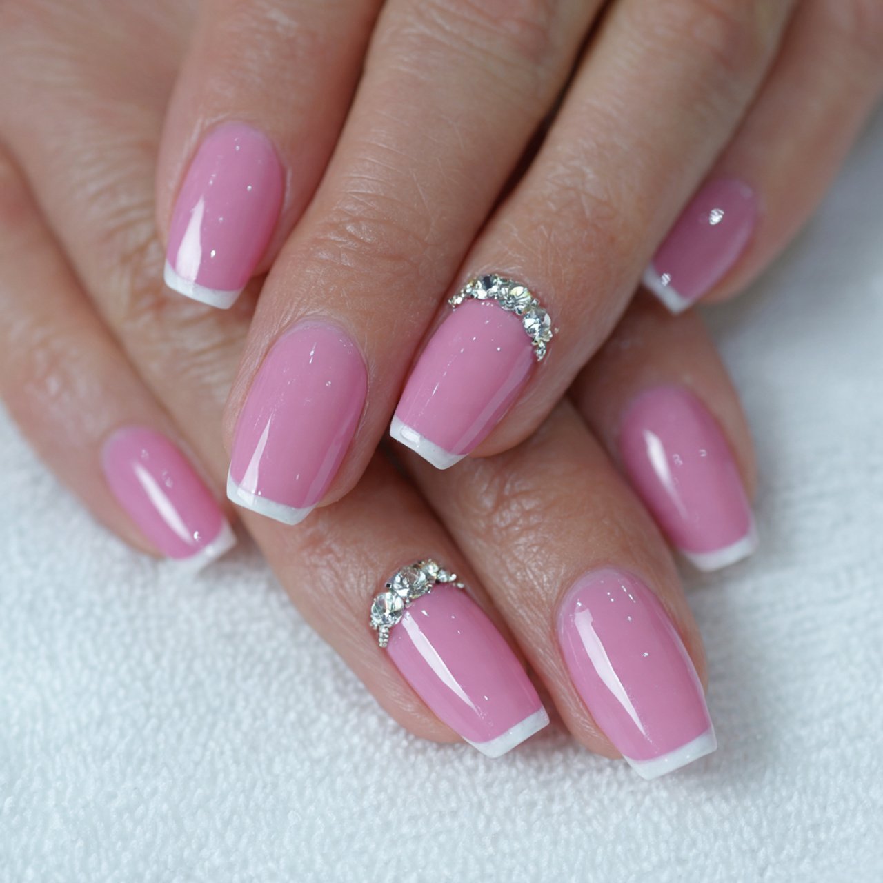 pink french tips with rhinestone accents attractiv