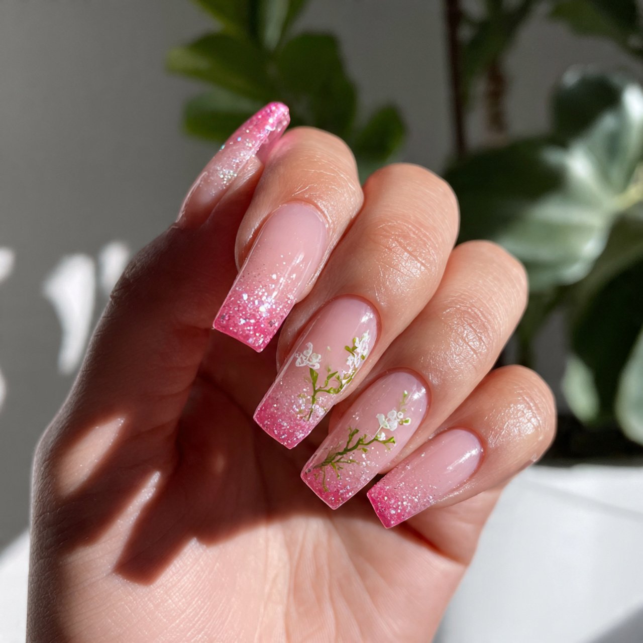 pink glitter cuticle fade nature looks nails