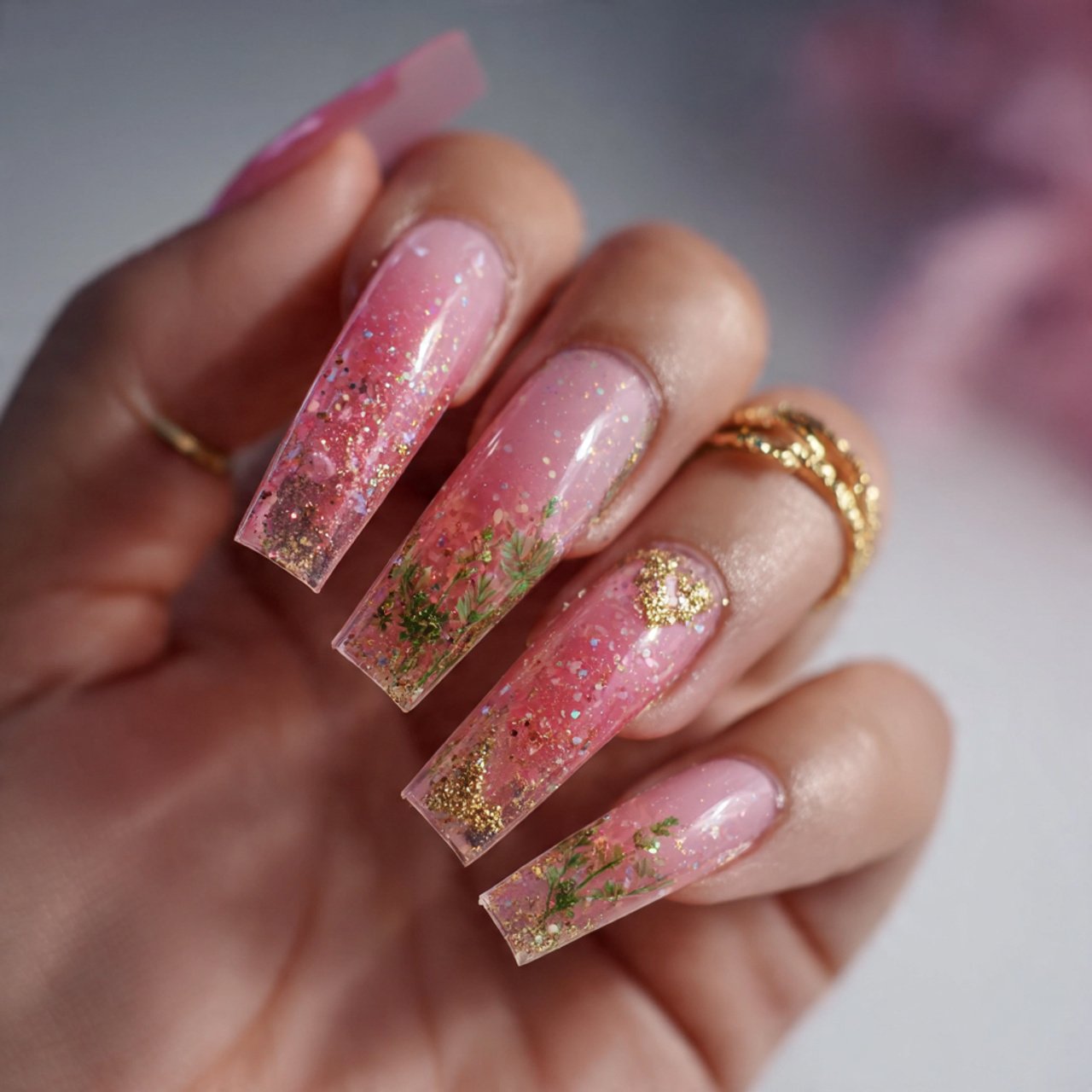 pink glitter fade nature look nails