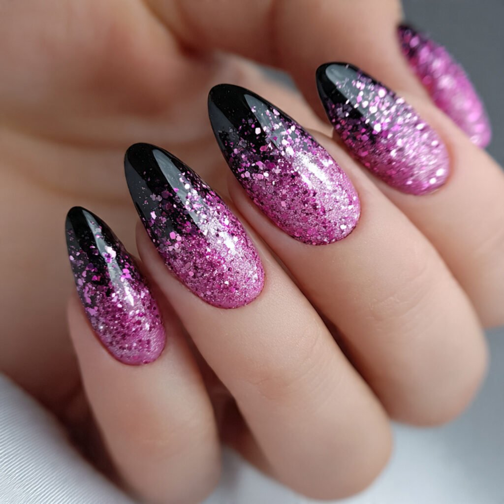 pink glitter with black base nature looks nails