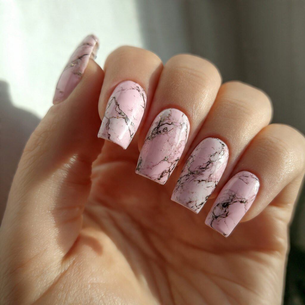 pink marble with black veins nature looks nails
