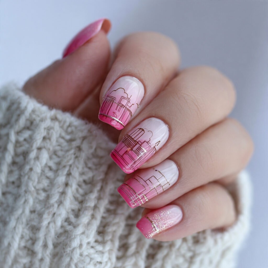 pink ombre with minimal line art attractive nails