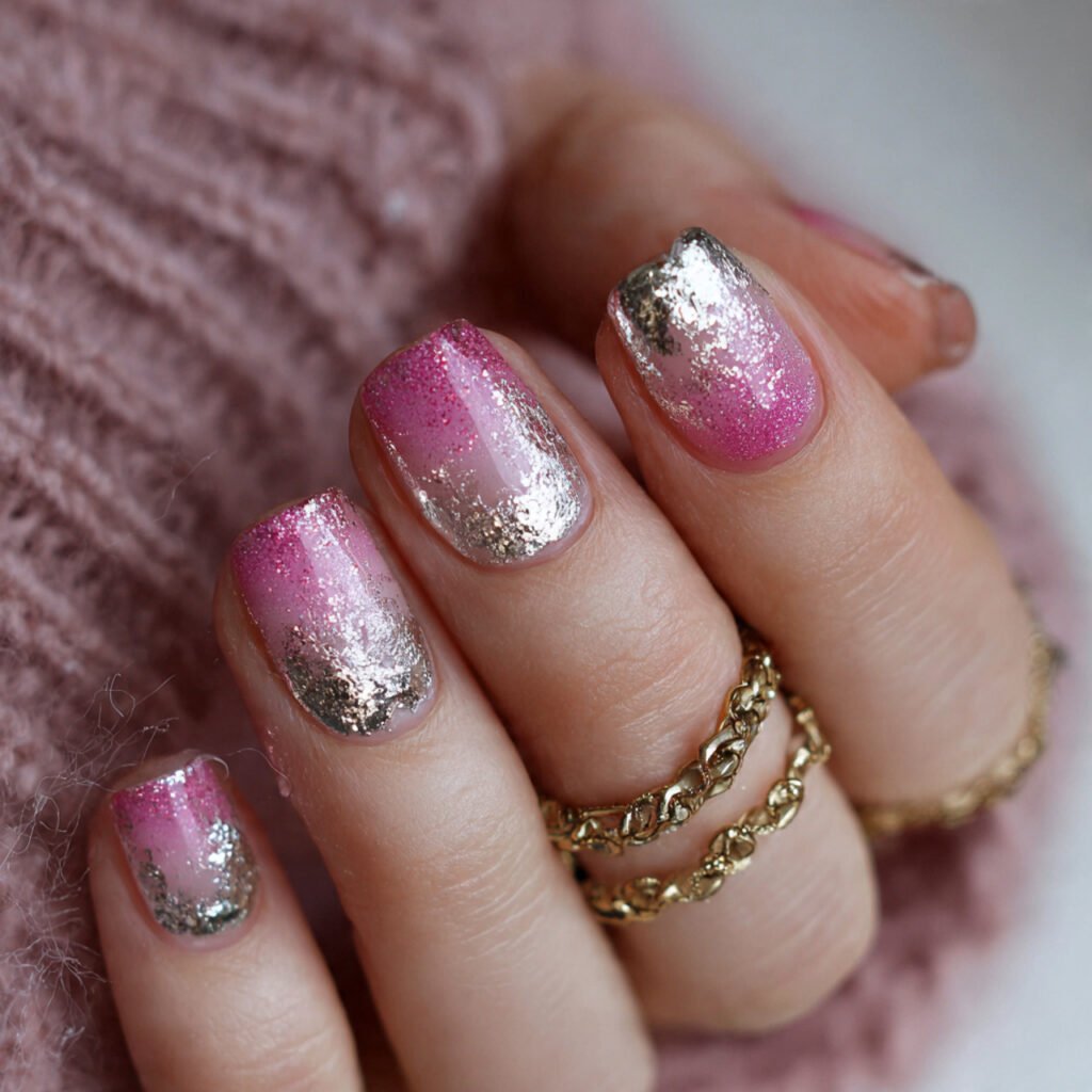pink ombre with silver foil attractive nails