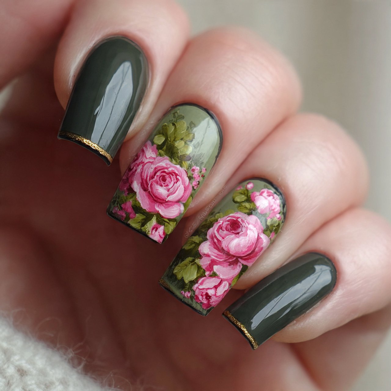 pink roses on base nature look nails