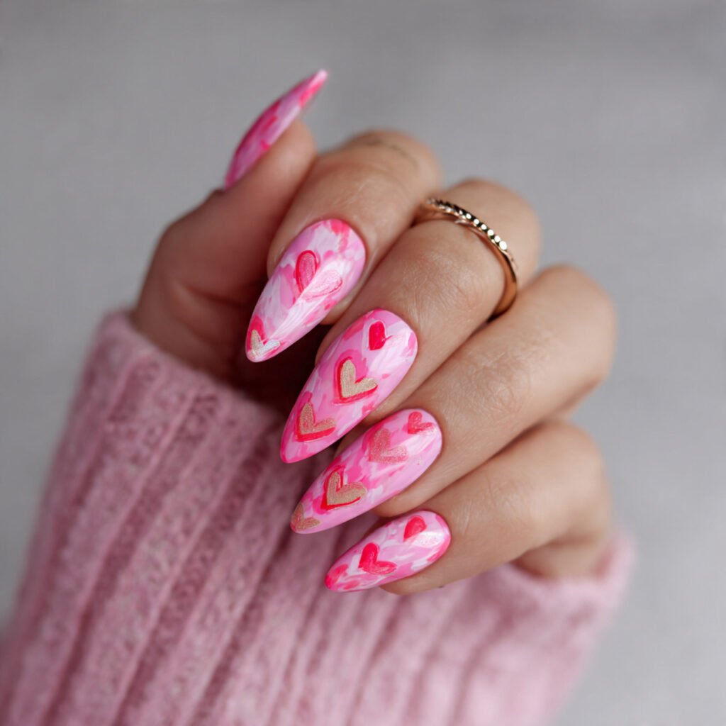 pink stiletto nails with heart designs attractive