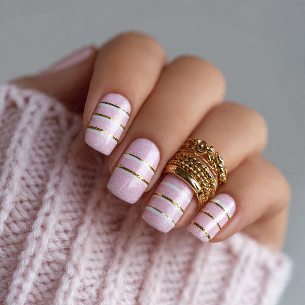pink stripes with gold accents attractive nails