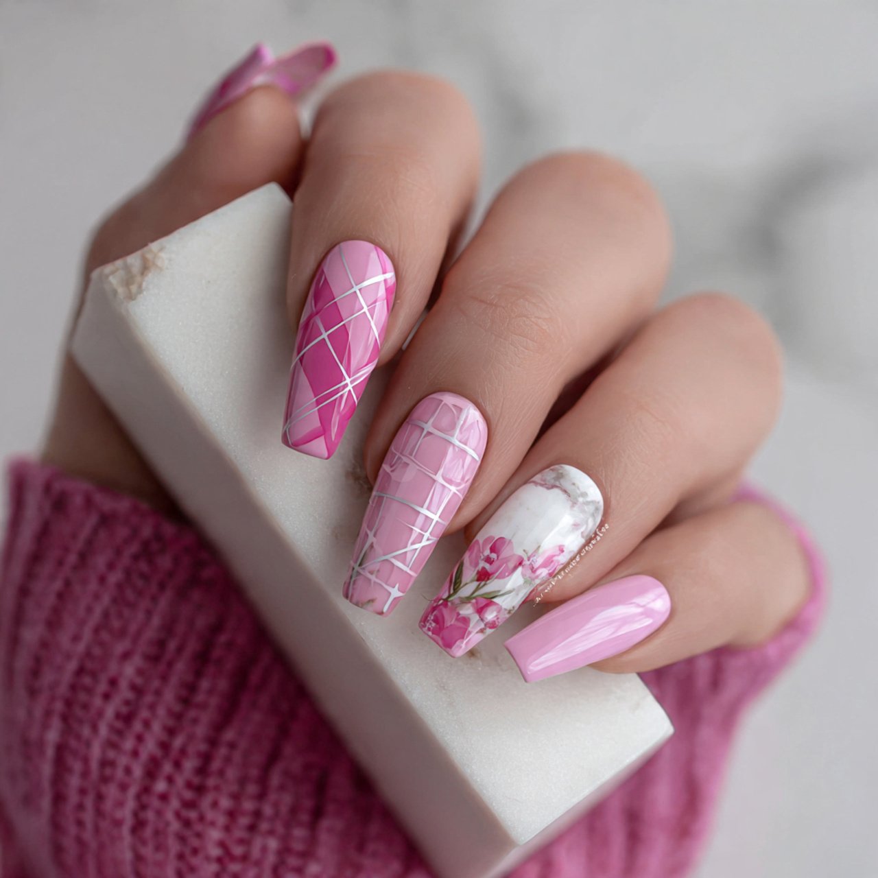 pink white geometric art nature look nails 1