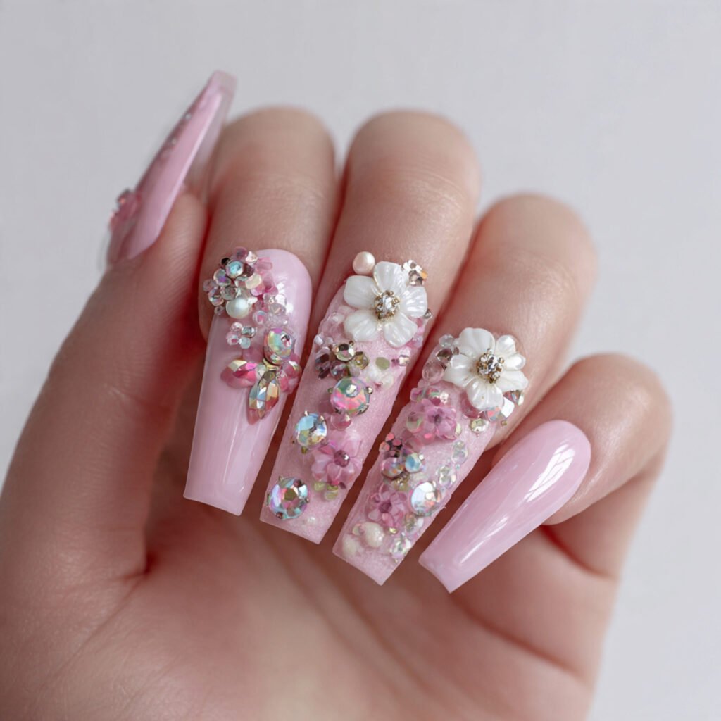 pink with 3d embellishments attractive nails
