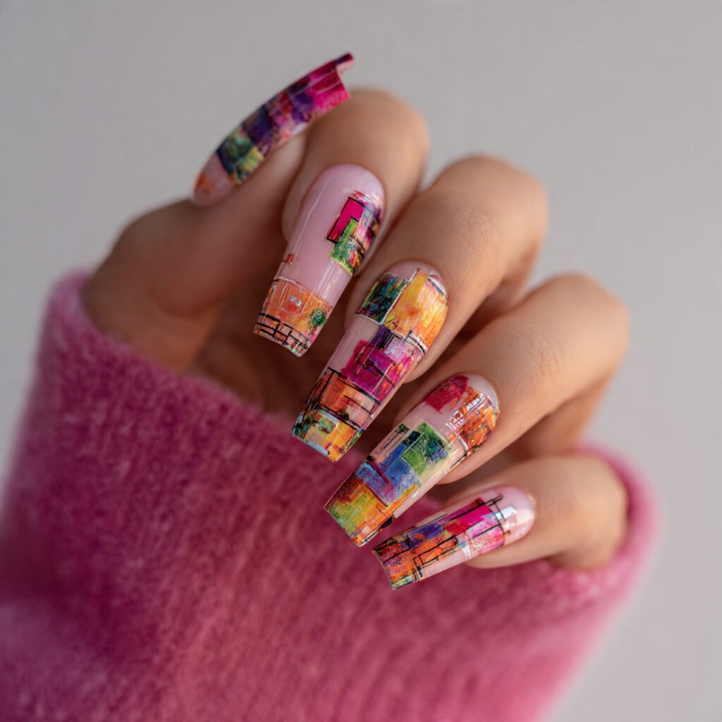 pink with colorful abstract art attractive nails