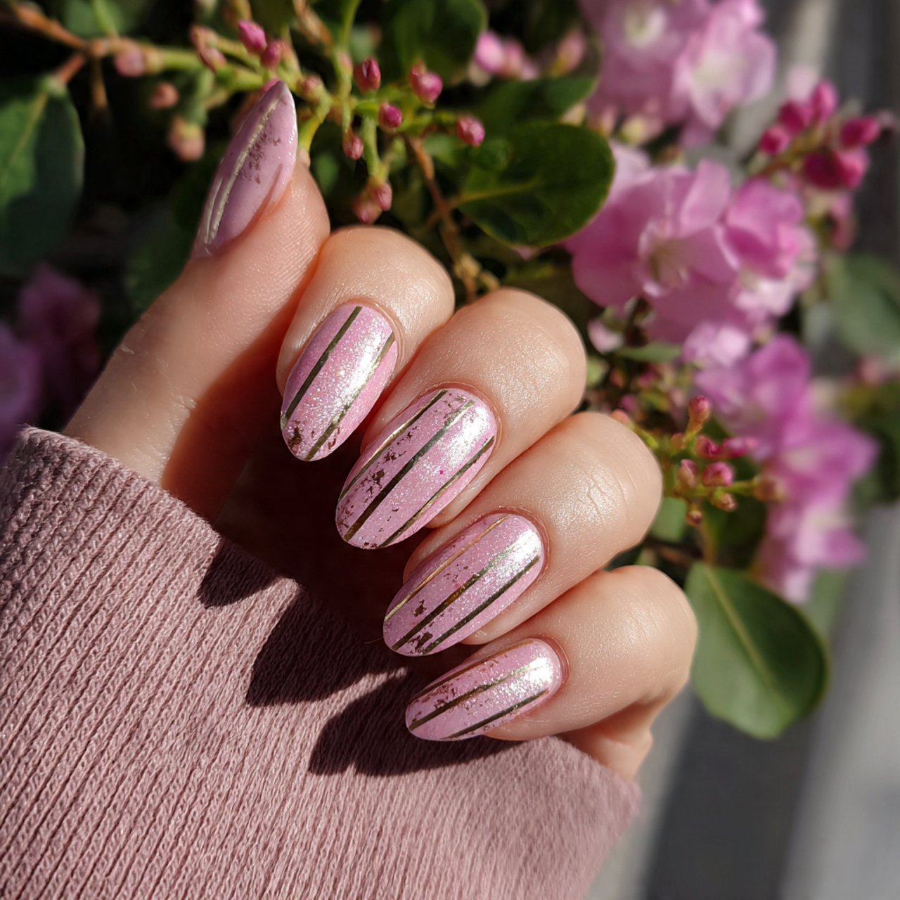 pink with metallic stripes nature look nails