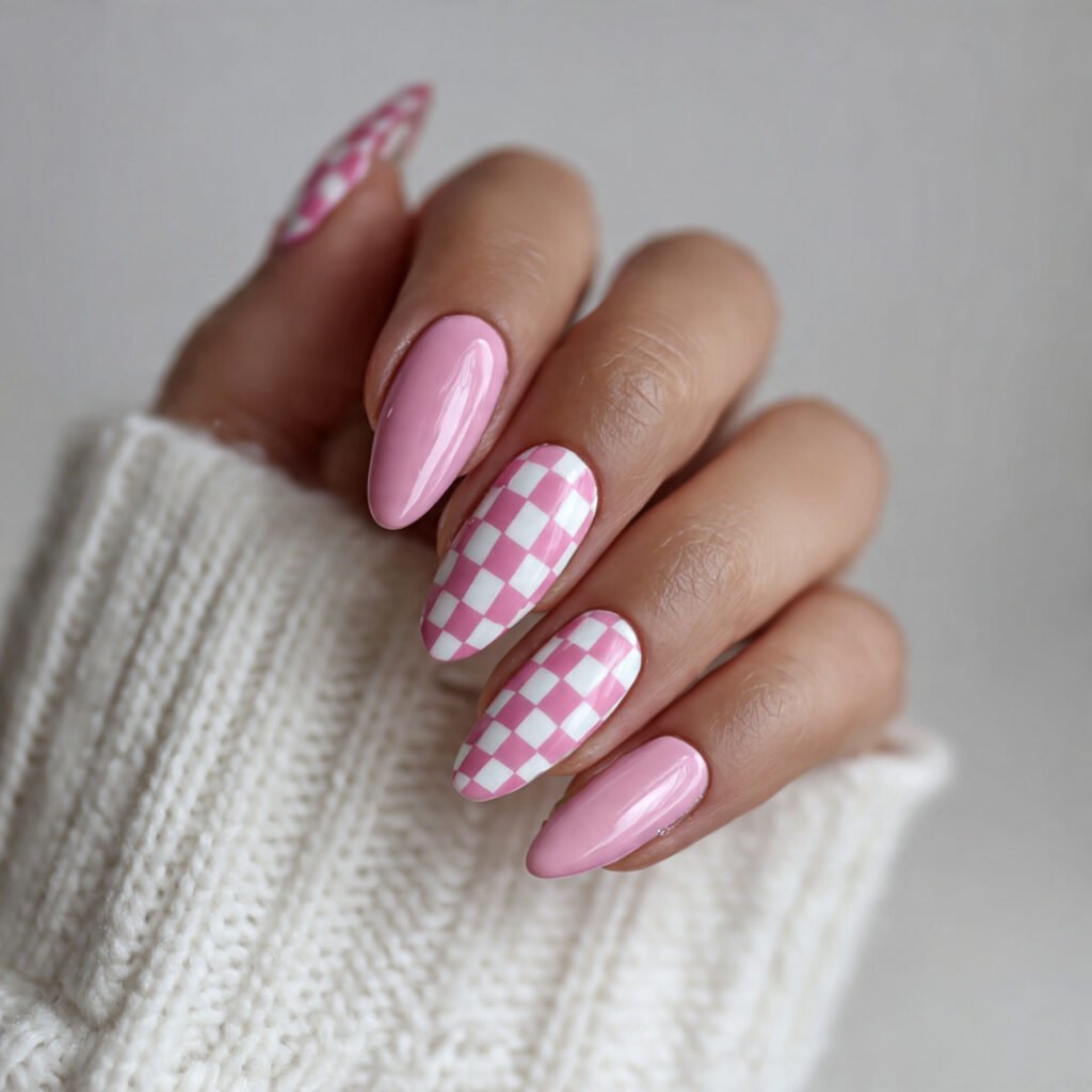 pink and white checkerboard attractive nails