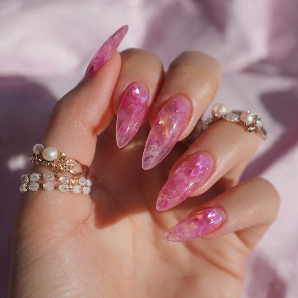 pink jelly nails with see through candy finish 1