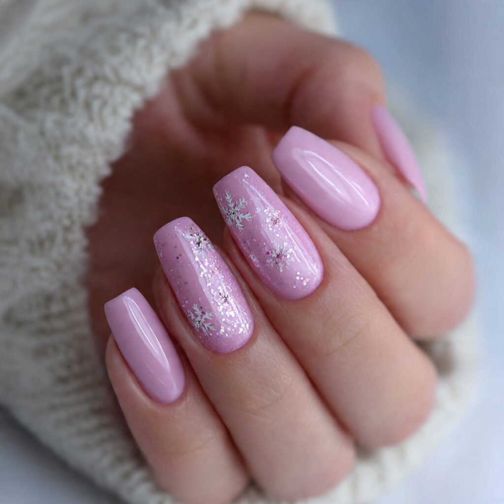 pinky acrylic with micro snowflakes attractive nai