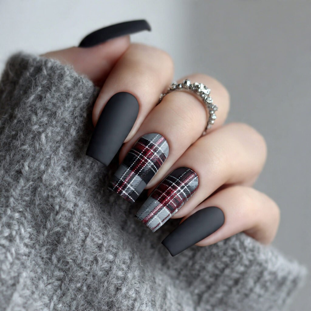 plaid accents on matte black attractive nails