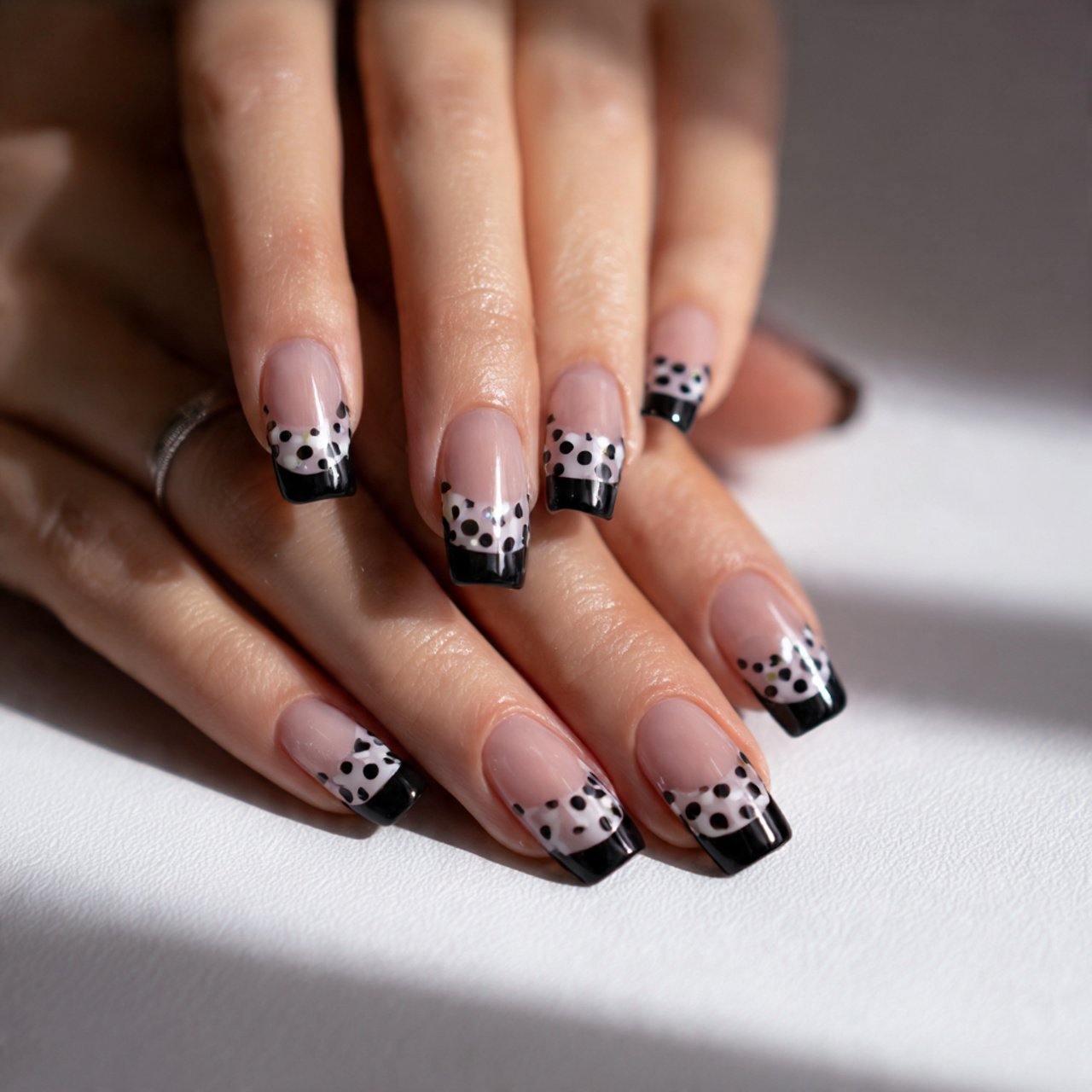 polka dots with black french tips nature look nail