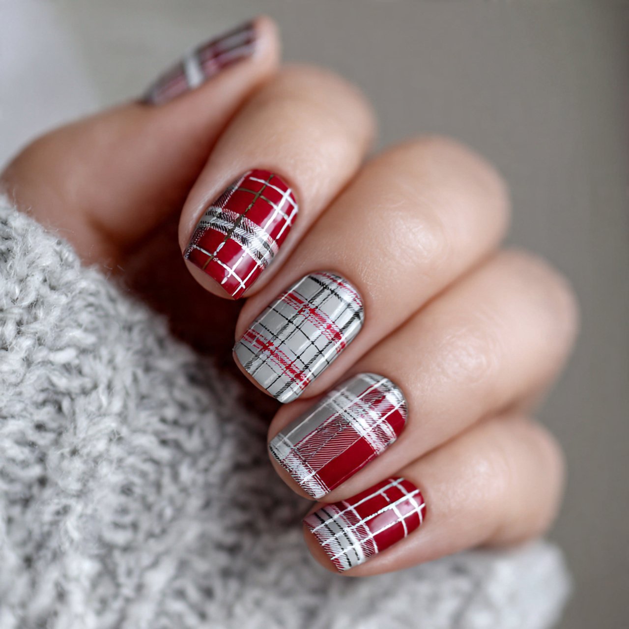 preppy plaid accent modern thin line nails