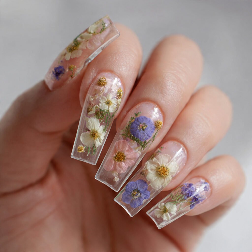 pressed flower look flat encapsulated clean nails