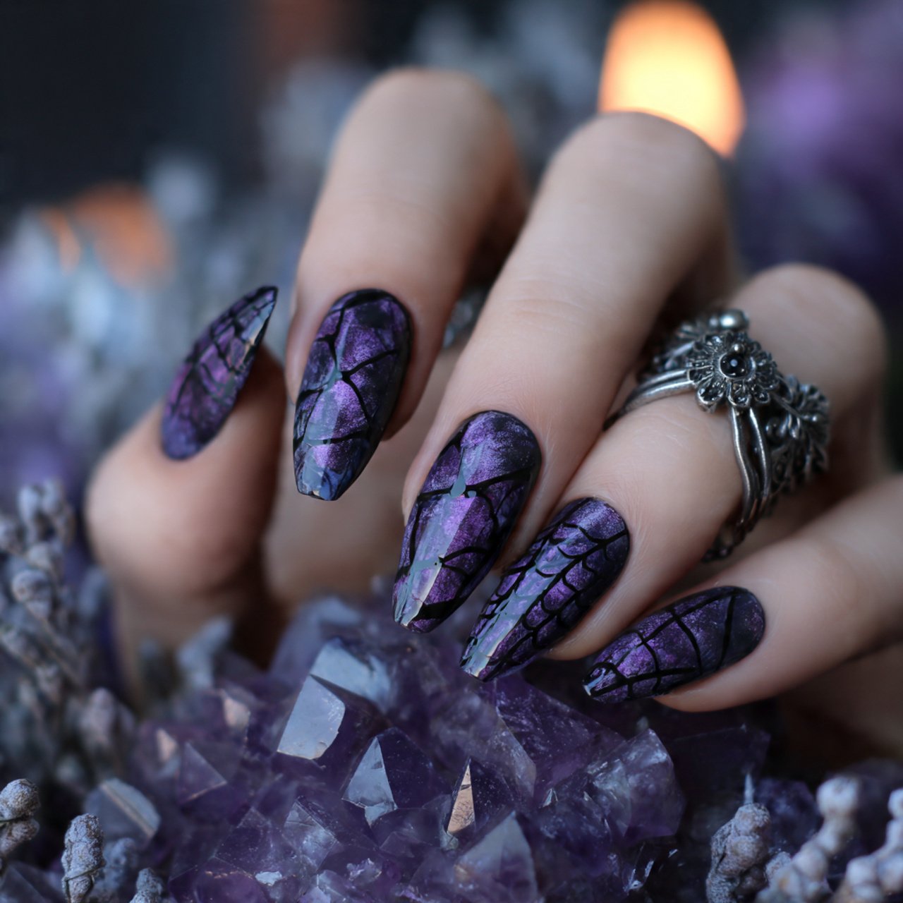 purple and black spider webs nature looks nails
