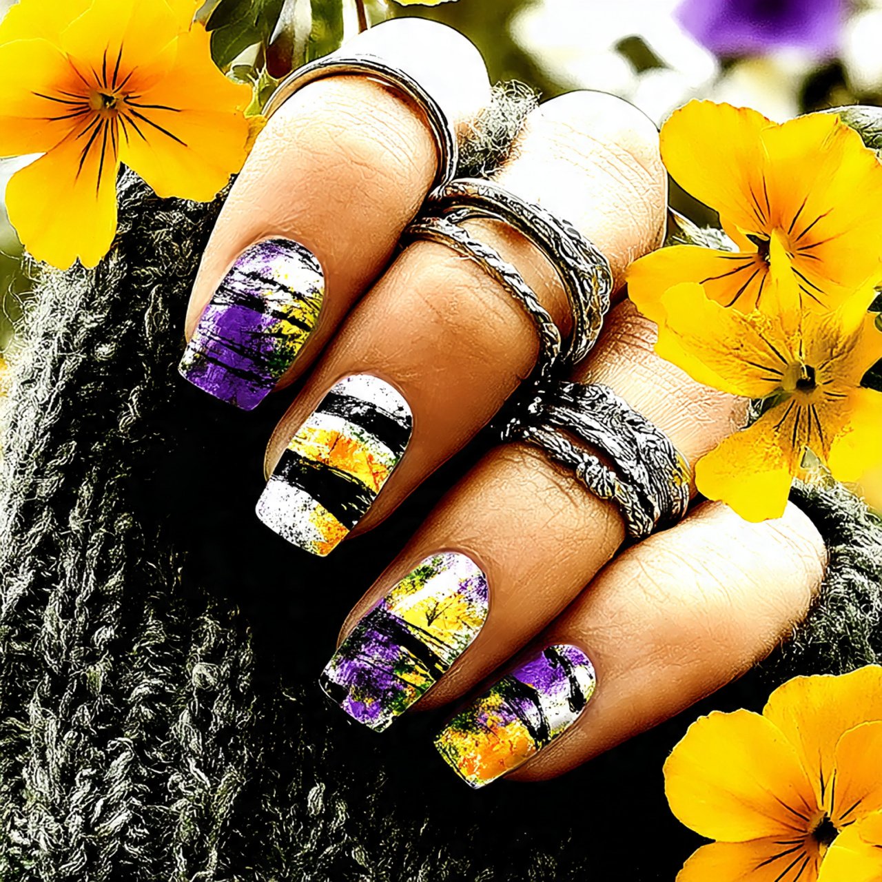 purple and silver stripes cat eye nails nature loo