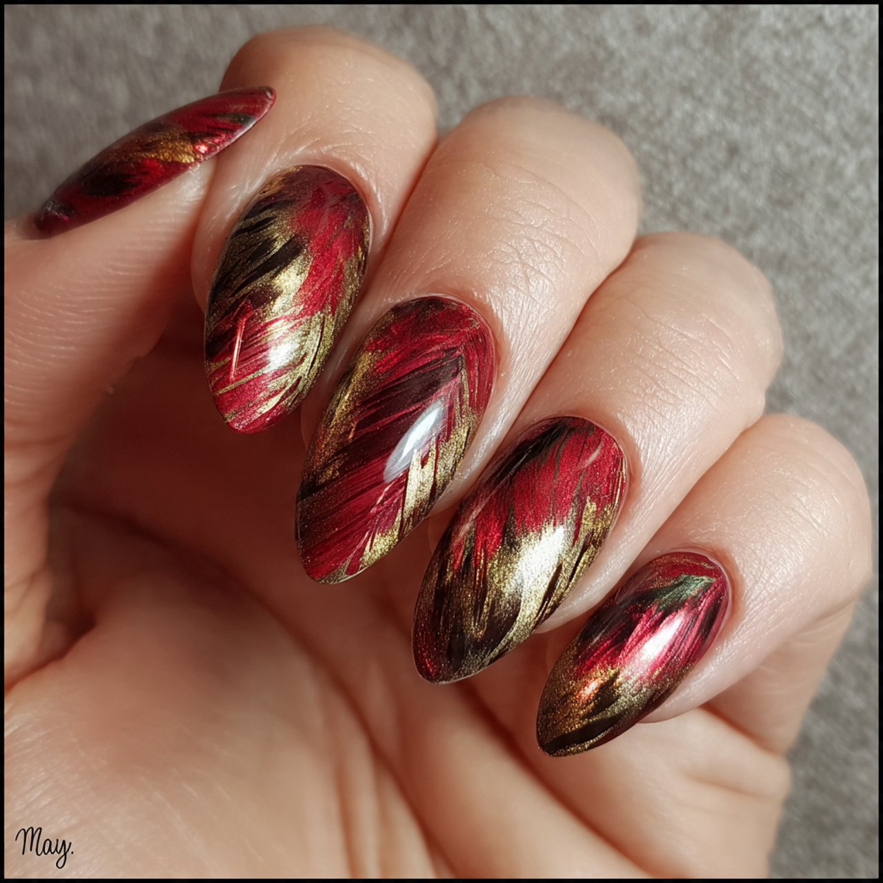 red and gold cat eye nails nature look nails 1