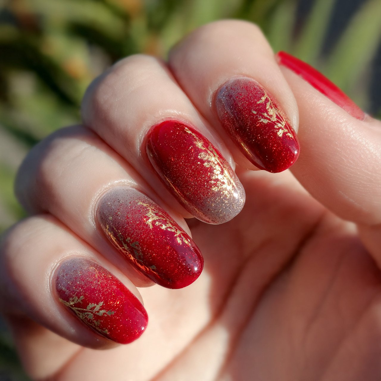 red and gold glitter gradient nature look nails