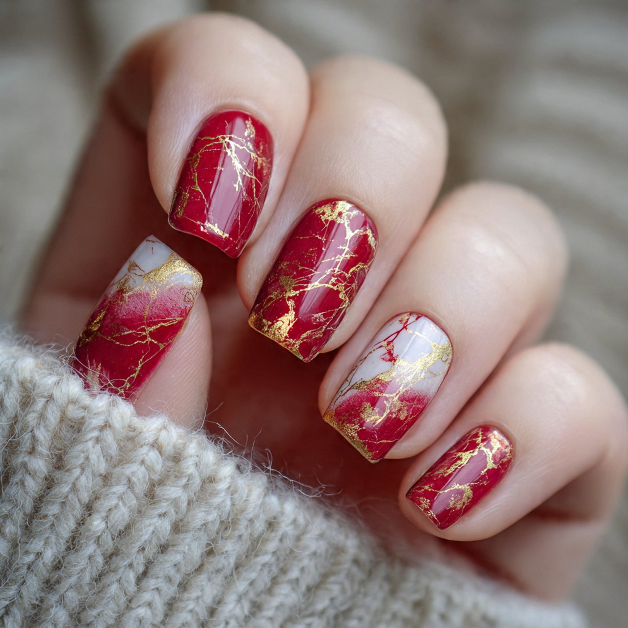 red and gold marble effect nature look nails
