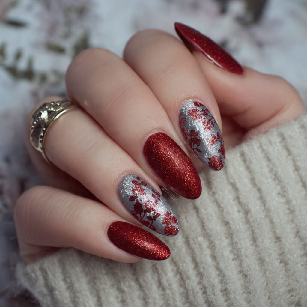 red and silver glitter nature look nails
