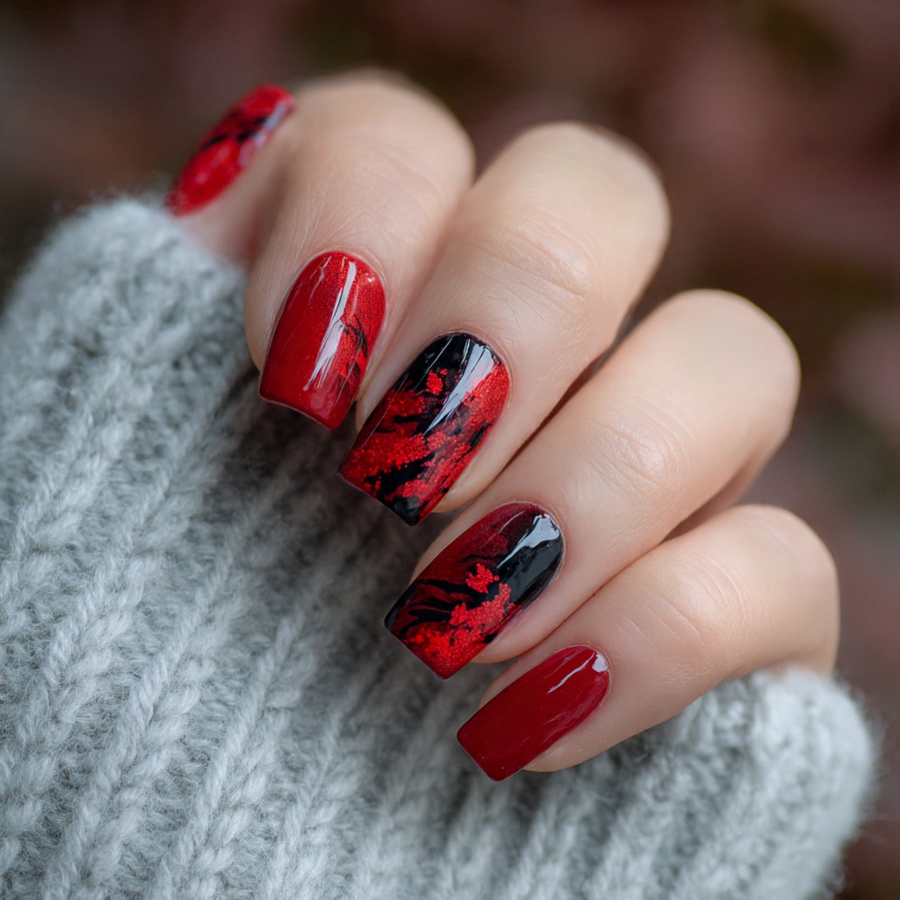 red base with black abstract art nature look nails
