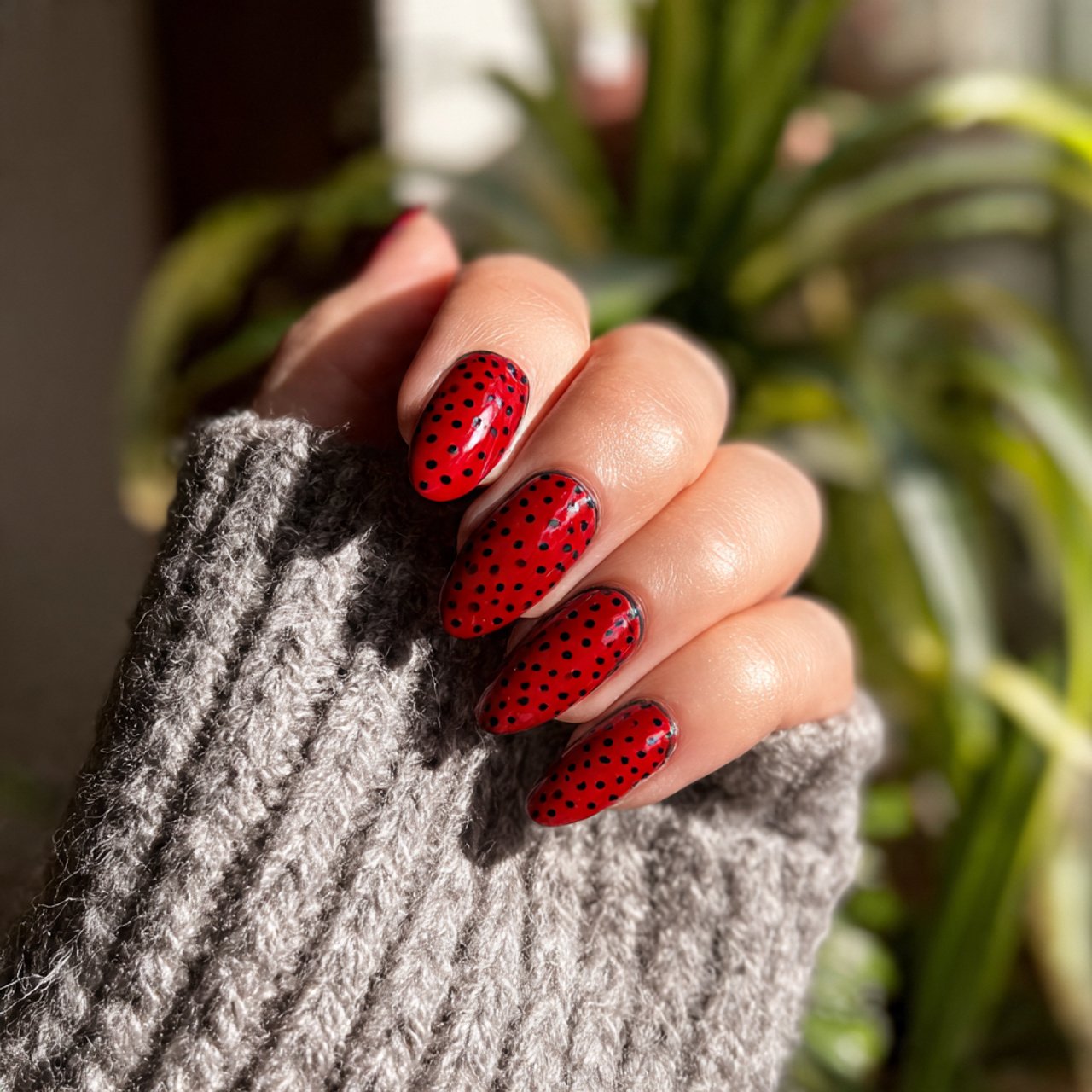 red base with black dots nature look nails