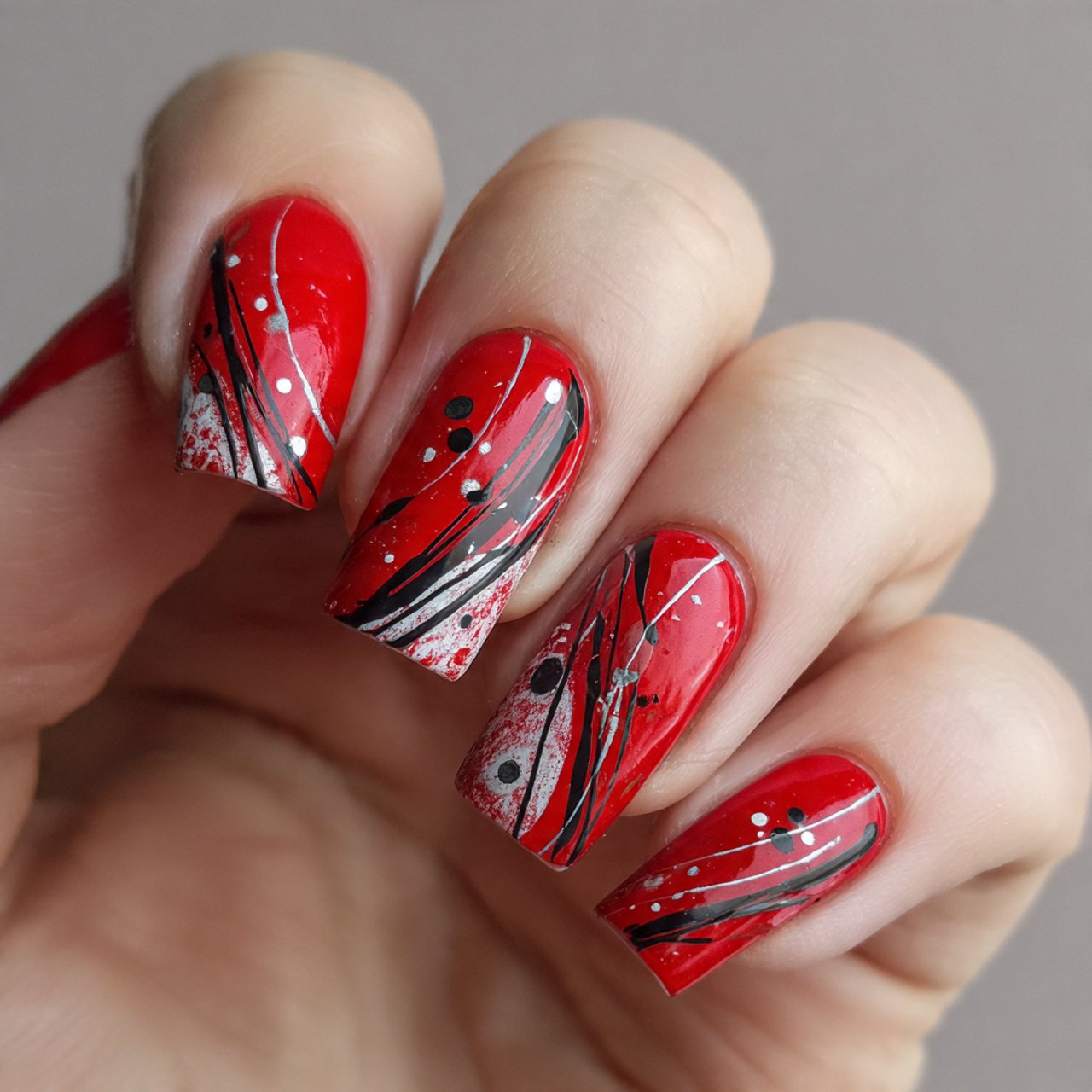 red base with black lines and dots attractive nail