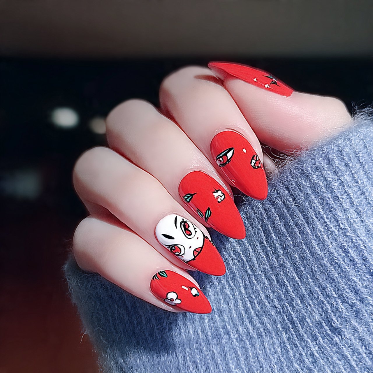 red cat eye nails with white accents nature look n