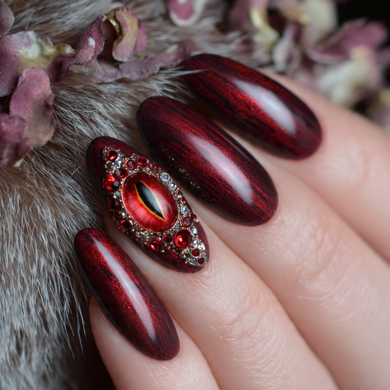 red cat eye with rhinestones nature look nails