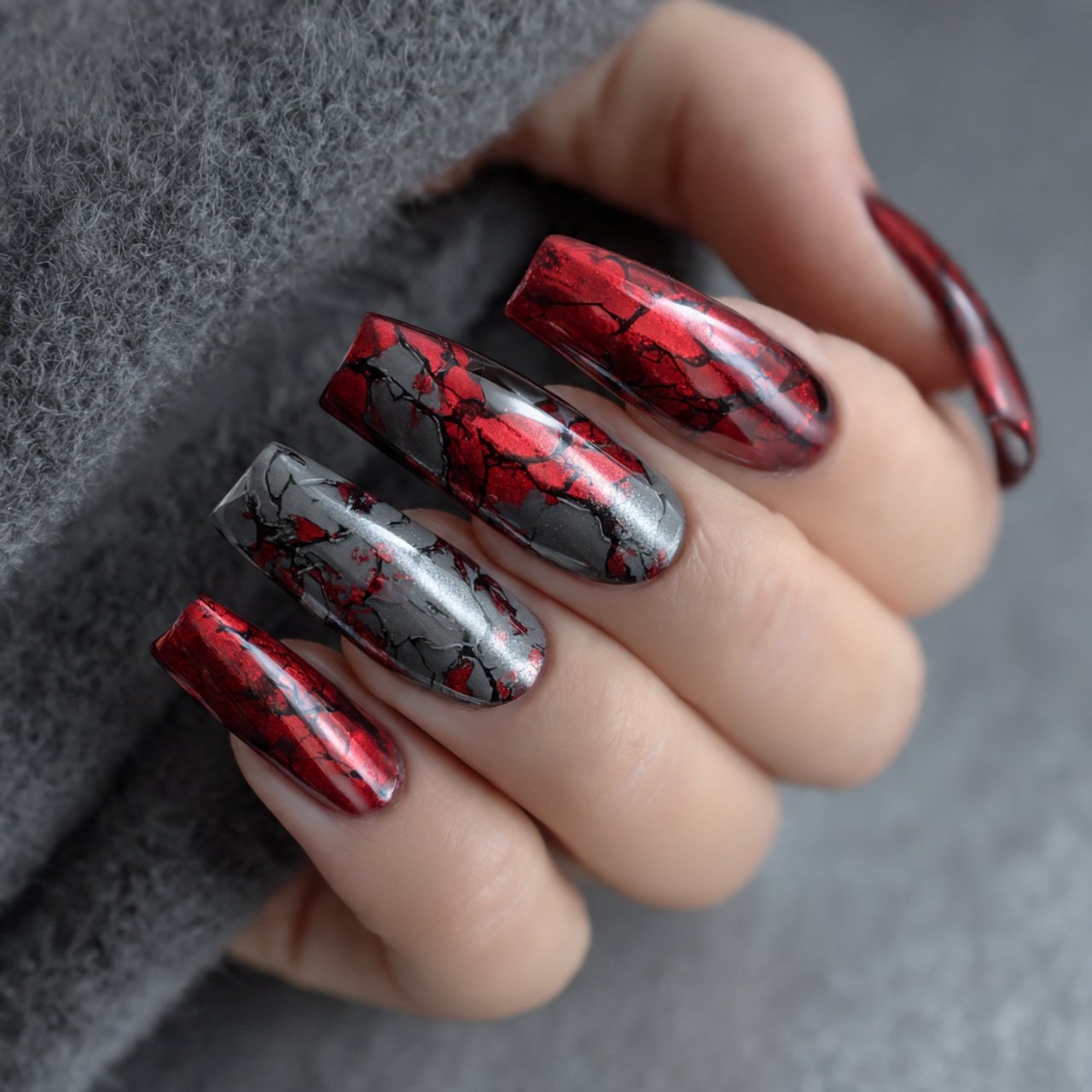 red chrome and black marble nature look nails