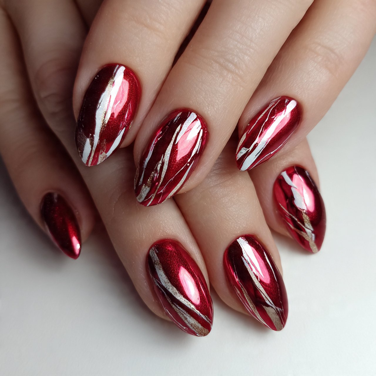 red chrome and white streaks nature look nails