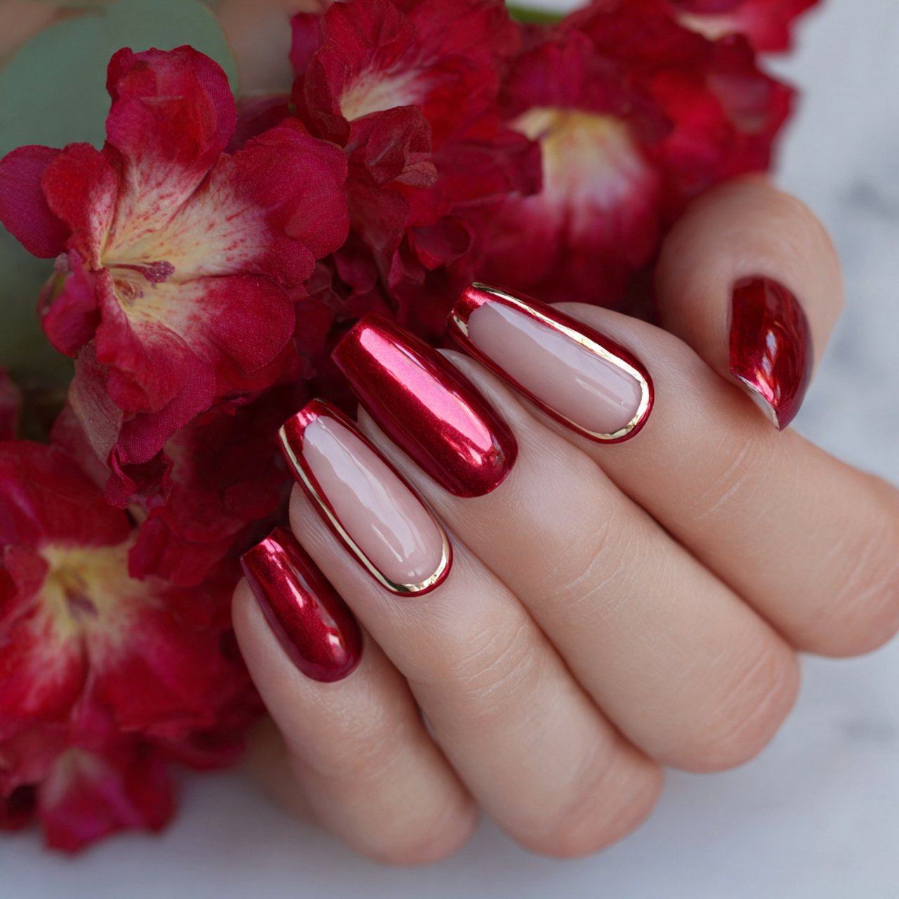 red chrome french tips nature looks nails