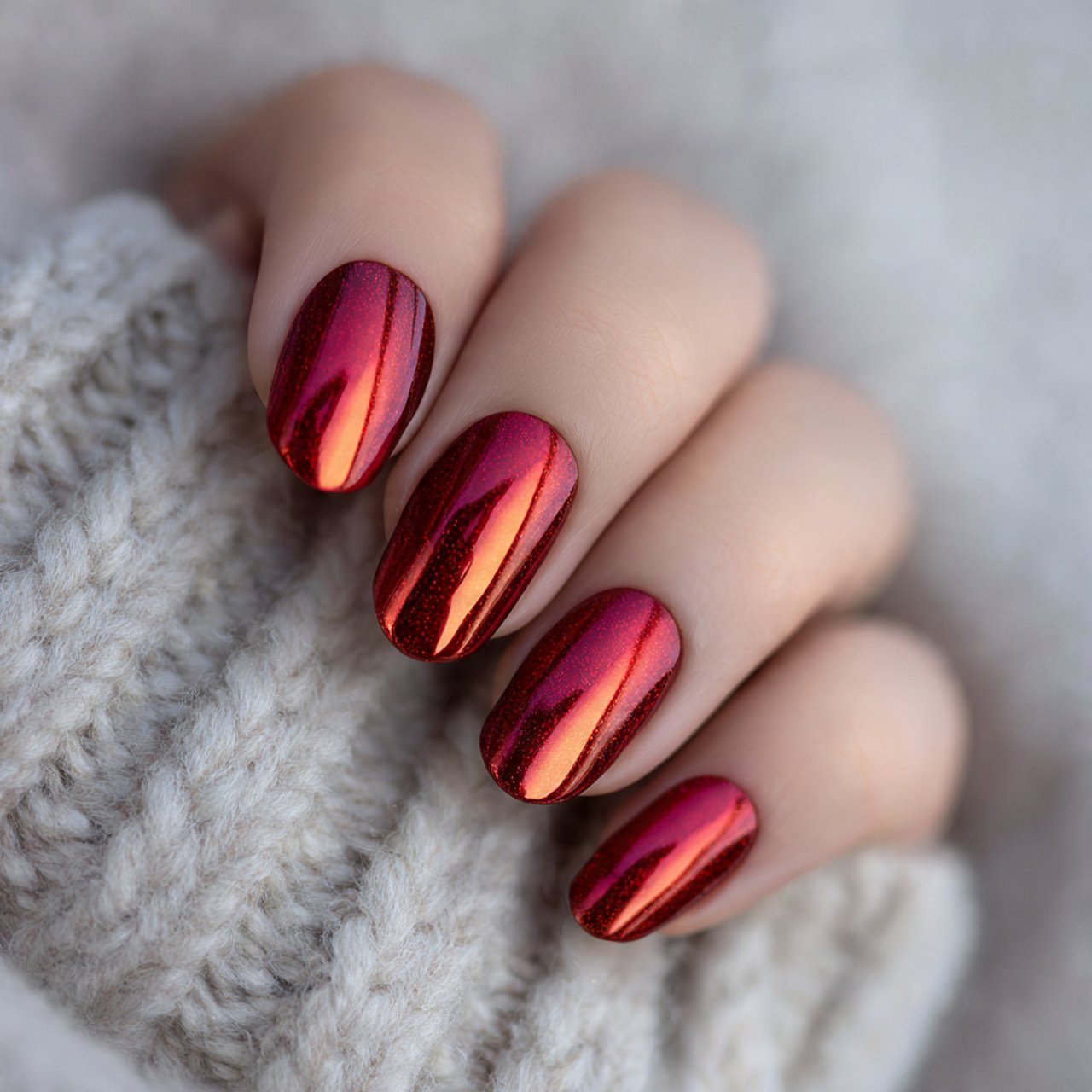 red chrome gradient with glitter attractive nails