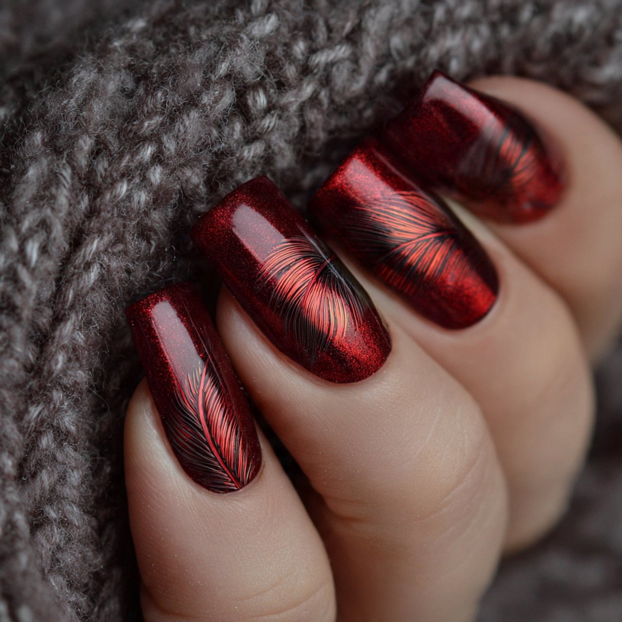 red chrome with feather details nature look nails