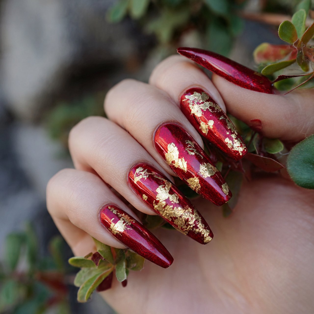 red chrome with gold leaf accents nature look nail