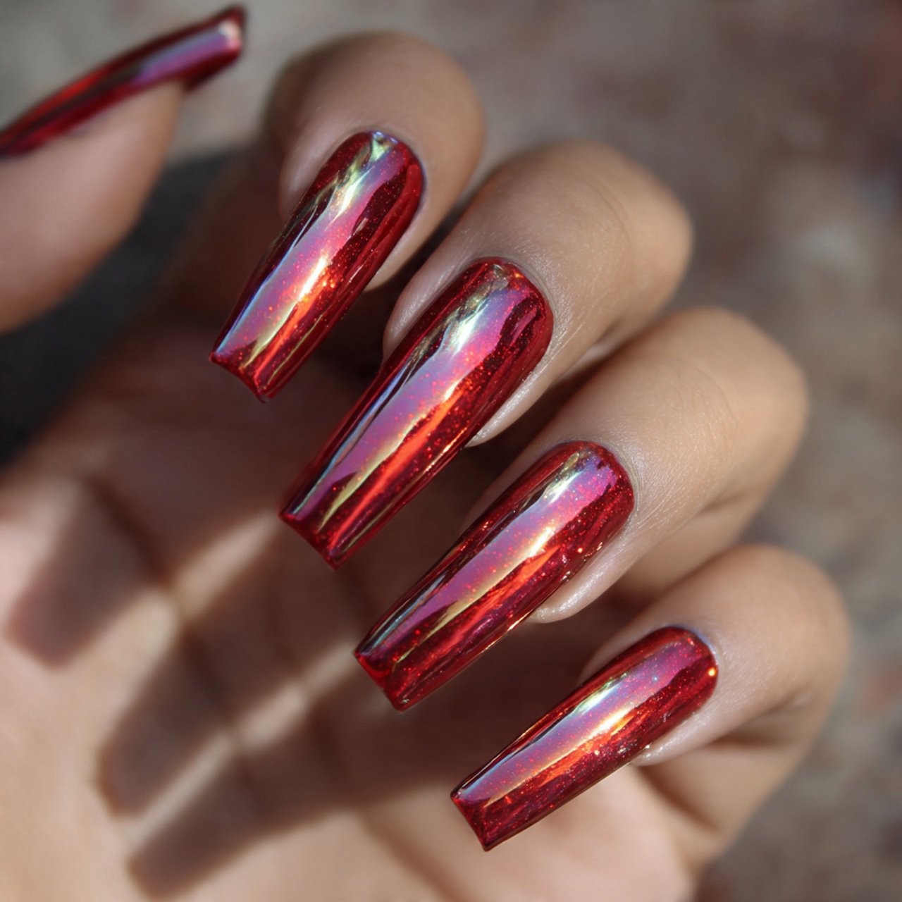 red chrome with holo accents attractive nails